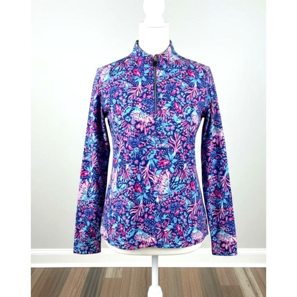 Lilly Pulitzer Womens Size L Half Zip Pullover Top Floral Coral Blue Pink